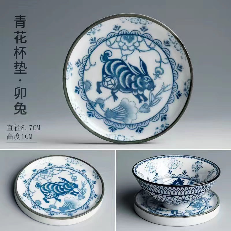 12 Zodiac blue and white porcelain tea cup mat with holder