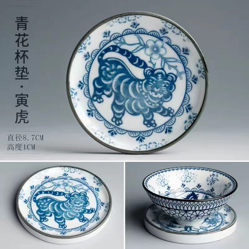 12 Zodiac blue and white porcelain tea cup mat with holder