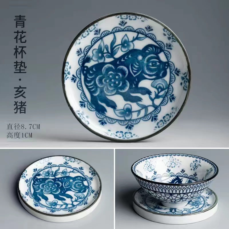 12 Zodiac blue and white porcelain tea cup mat with holder