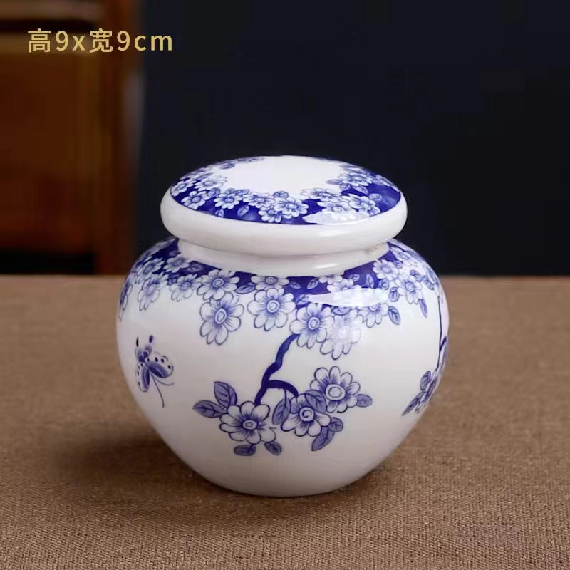 Blue and white ceramic tea jar