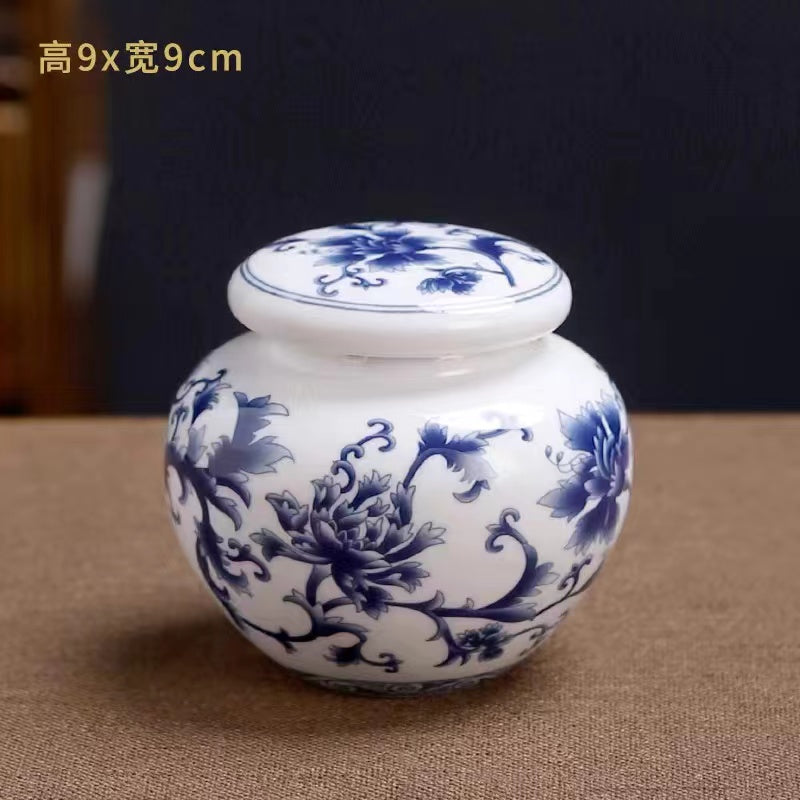 Blue and white ceramic tea jar