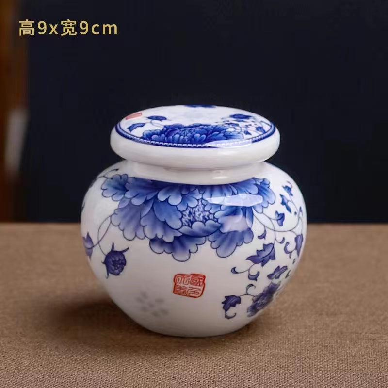 Blue and white ceramic tea jar