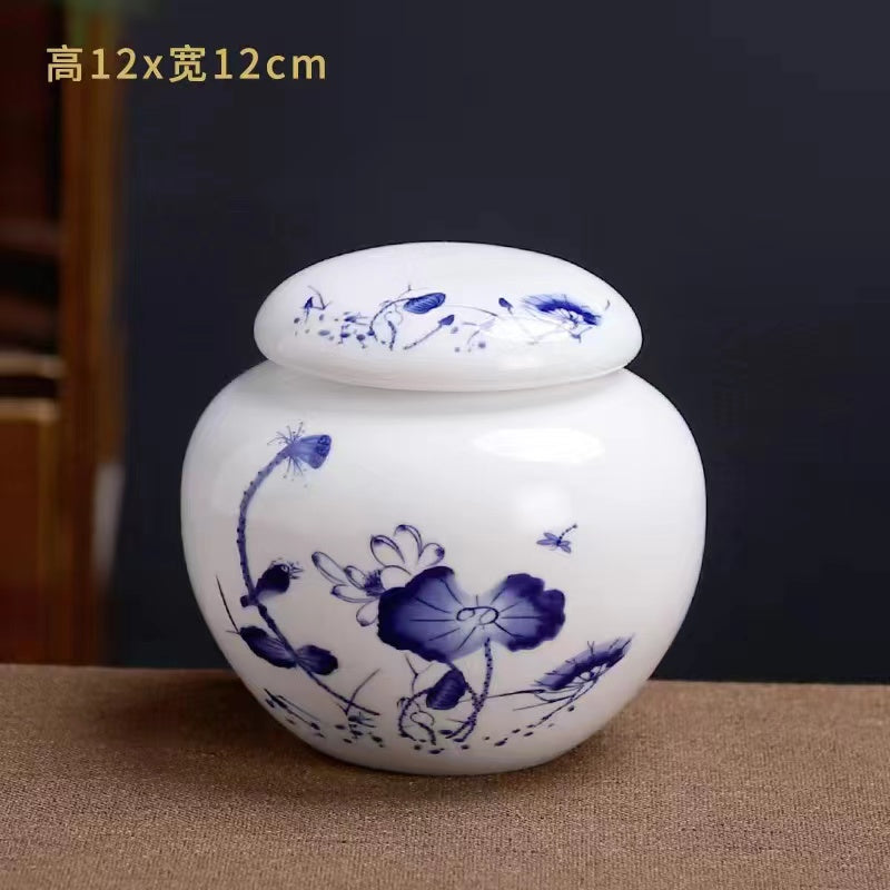 Blue and white ceramic tea jar