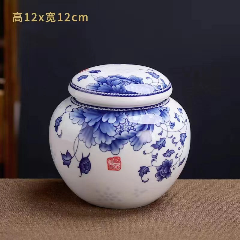 Blue and white ceramic tea jar