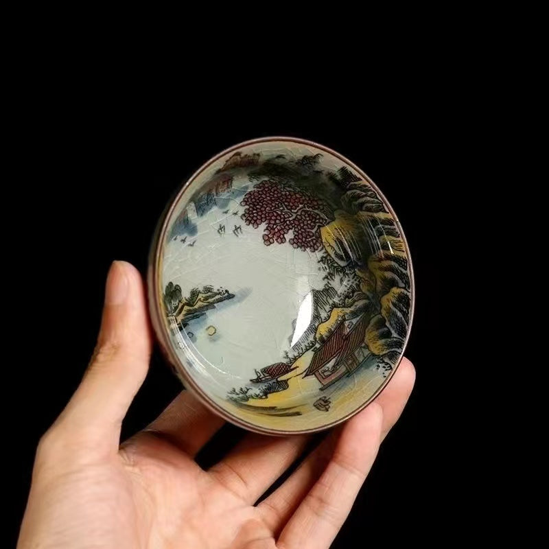 Hand painted ancient color landscape ink Tea Cup