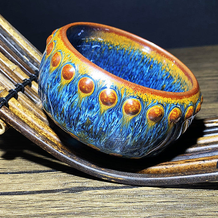 Master Collection---Golden Blue Peacock Van Gogh Drum TeaCup (M206)