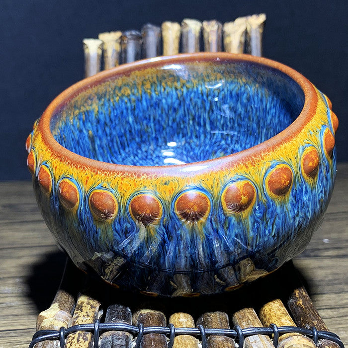 Master Collection---Golden Blue Peacock Van Gogh Drum TeaCup (M206)