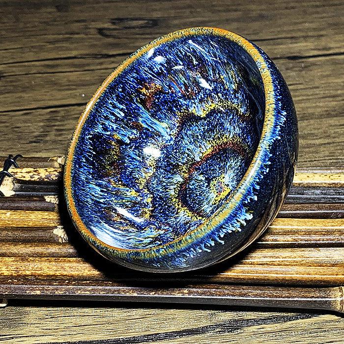 Master Collection---Ocean Golden Blue Peacock TeaCup (M207)