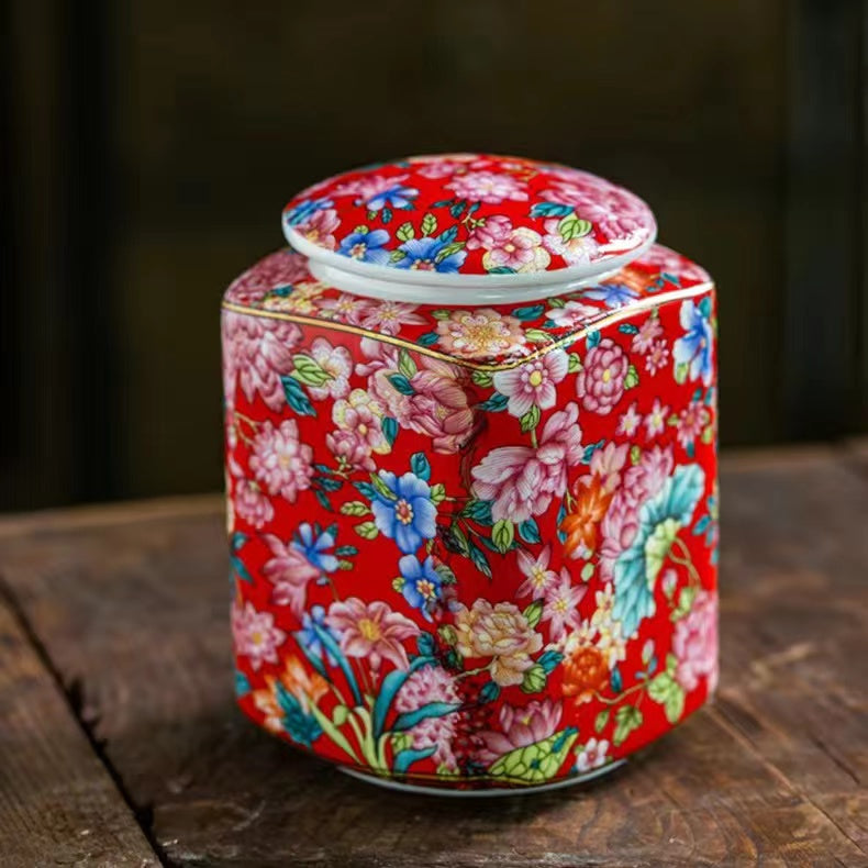 Enamel universal flower ceramic quadripartite Tea jar