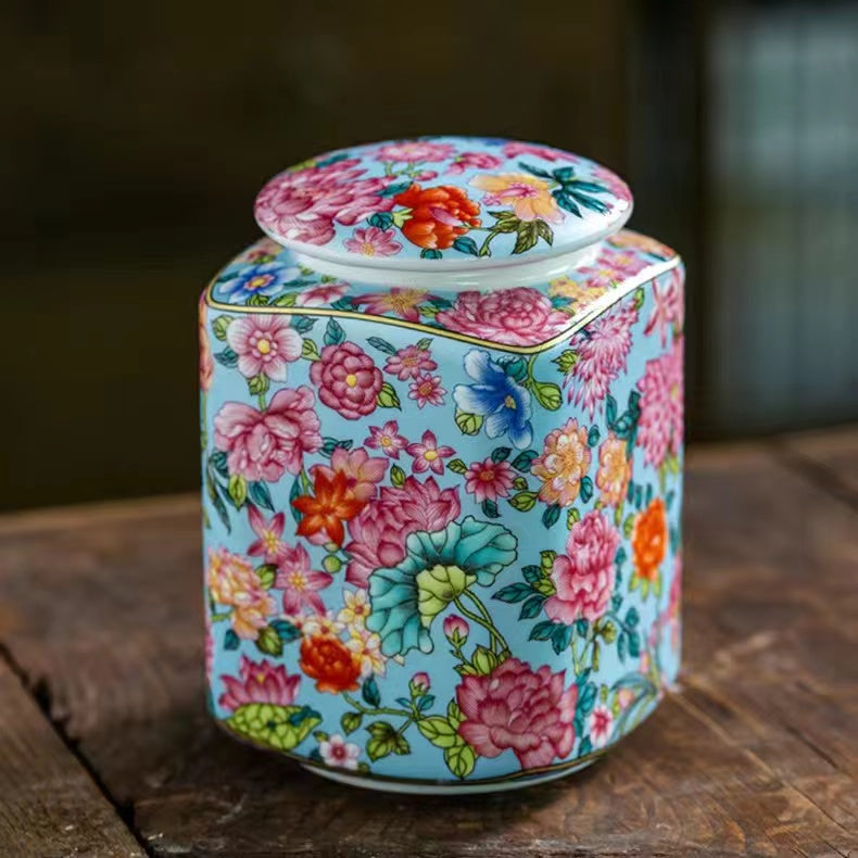 Enamel universal flower ceramic quadripartite Tea jar