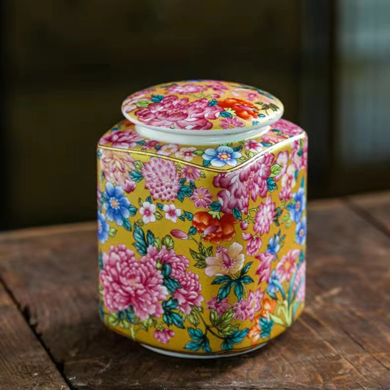 Enamel universal flower ceramic quadripartite Tea jar