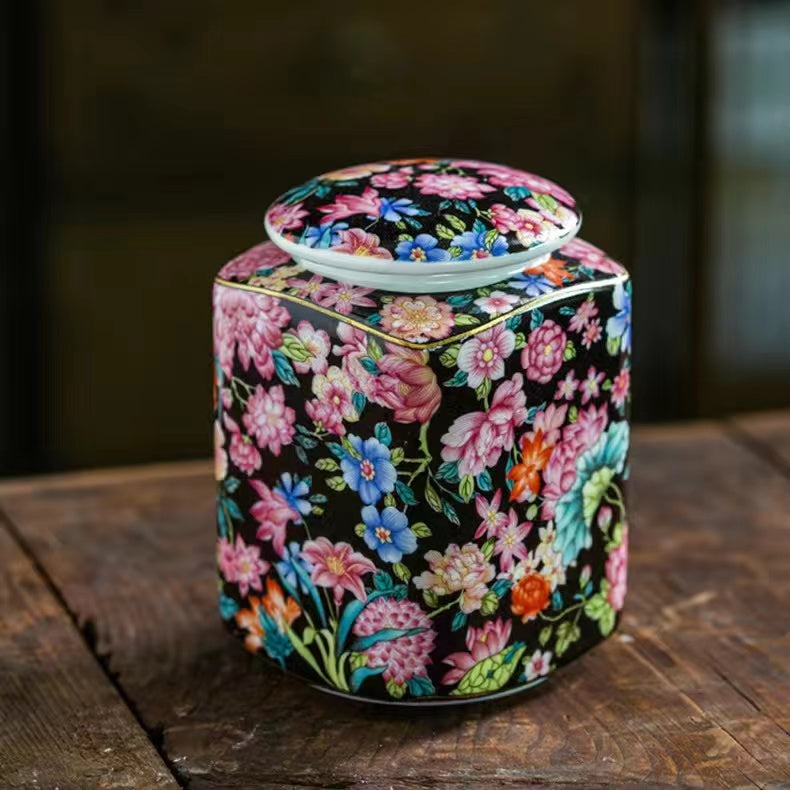 Enamel universal flower ceramic quadripartite Tea jar