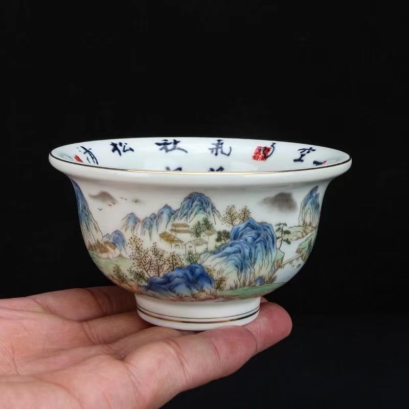 Antique porcelain, blue and white rivers and mountains, hand-painted tea cups