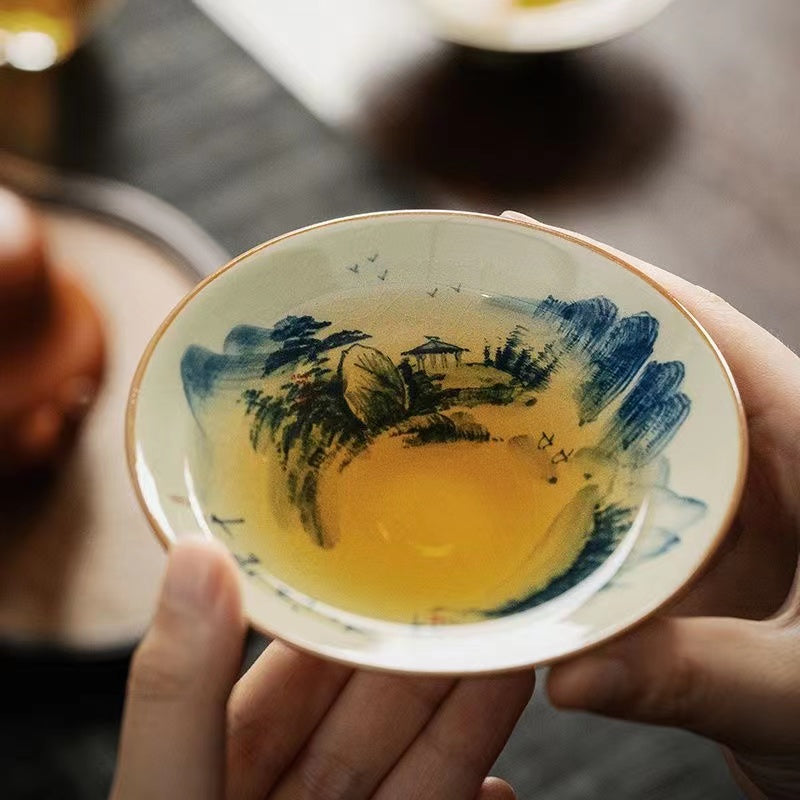 Thousands of miles of rivers and mountains hand-painted blue and white chaiyao landscape cup