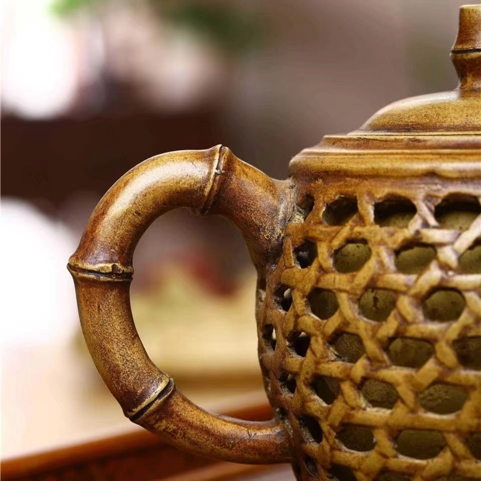 Purple clay hollowed out double-layer bamboo Teapot