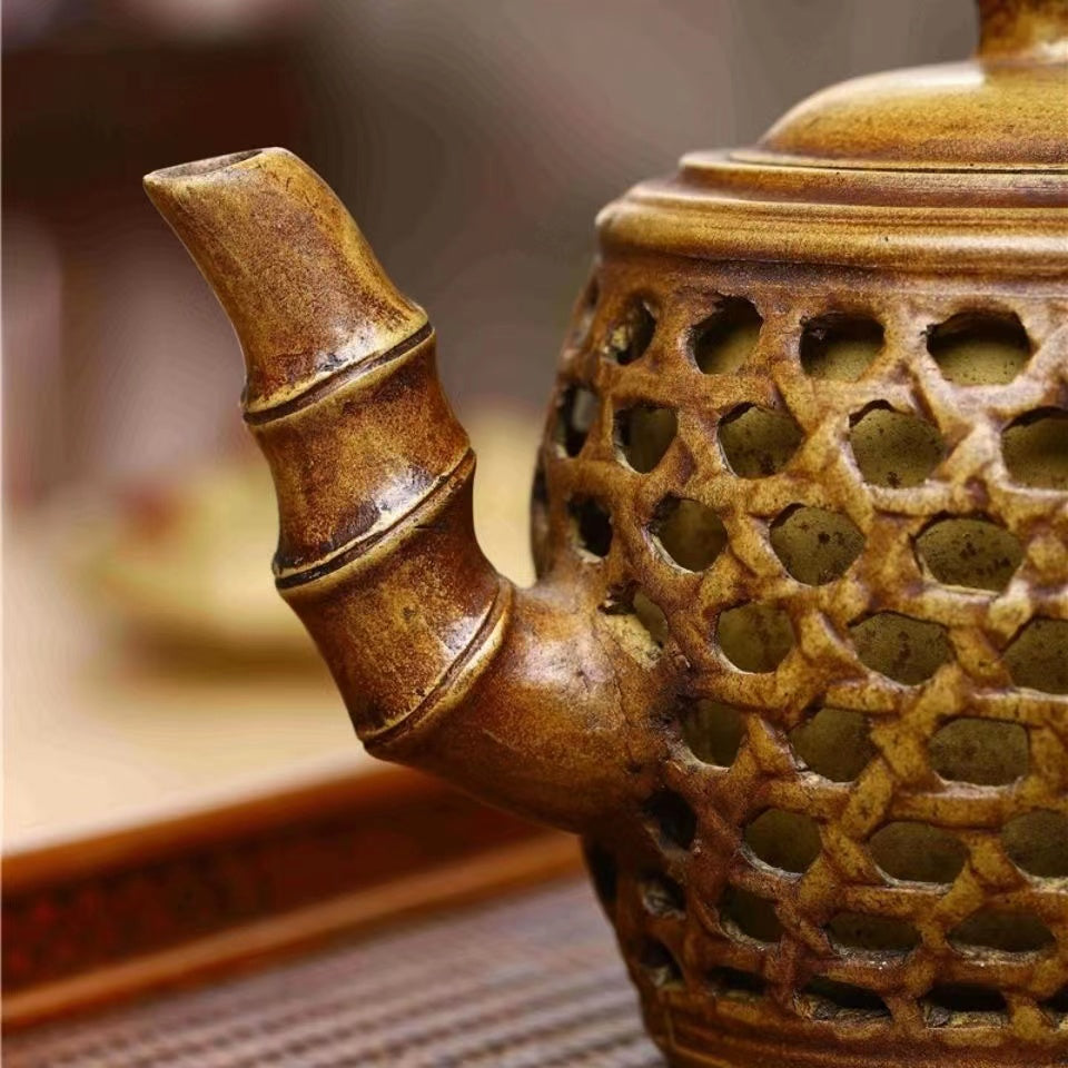 Purple clay hollowed out double-layer bamboo Teapot