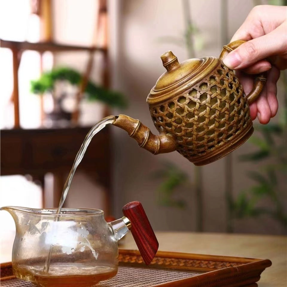 Purple clay hollowed out double-layer bamboo Teapot