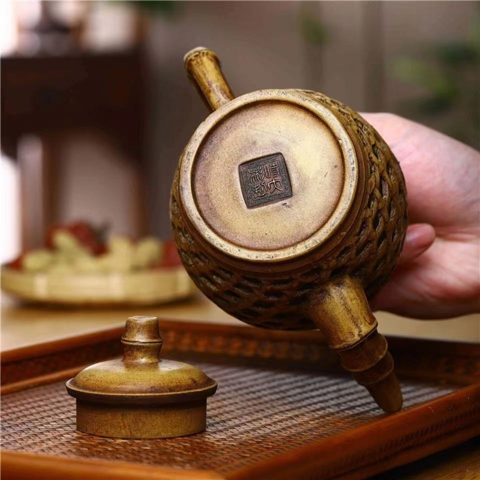 Purple clay hollowed out double-layer bamboo Teapot