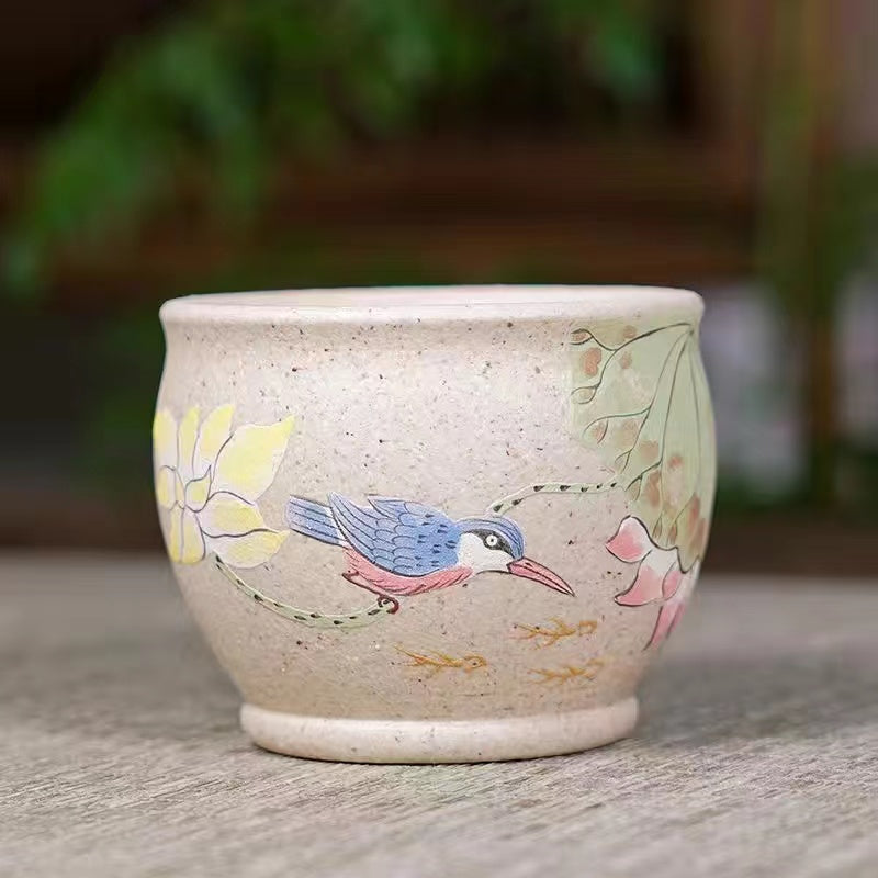 Purple sand white jade flower and bird Tea cup