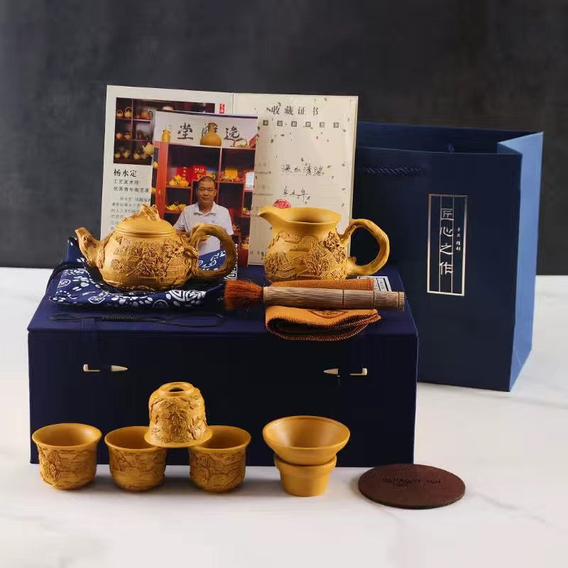 Master Collection---- Purple sand full handmade relief carving Jiangnan water village high-grade Tea set(M304)