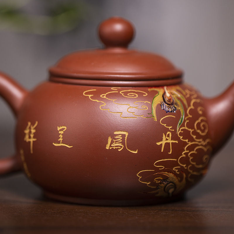 High-grade red clay relief carving Danfeng purple sand pot