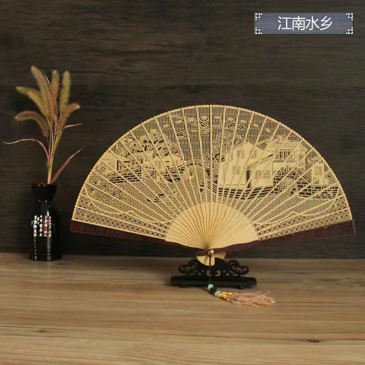 Sandalwood hollow wooden Chinese style folding fan