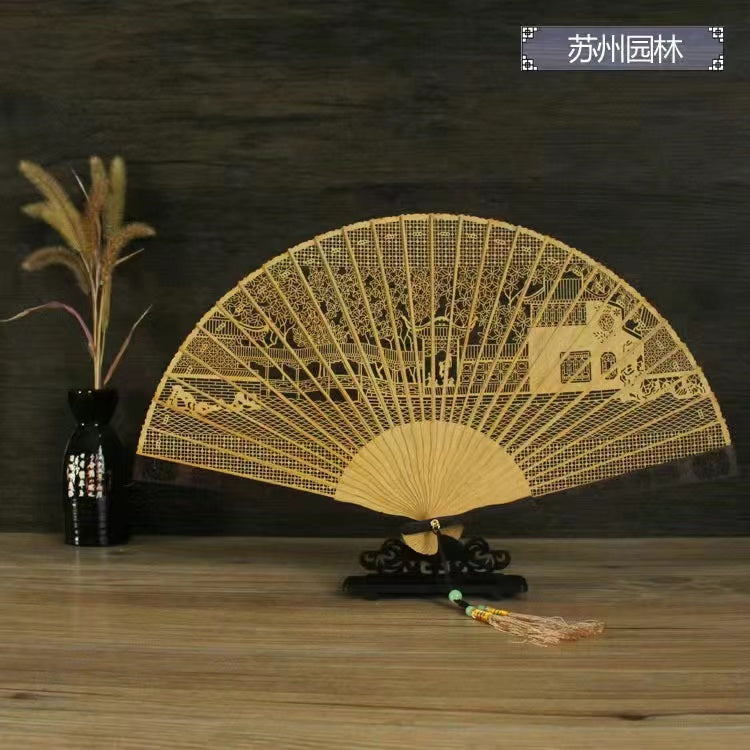 Sandalwood hollow wooden Chinese style folding fan