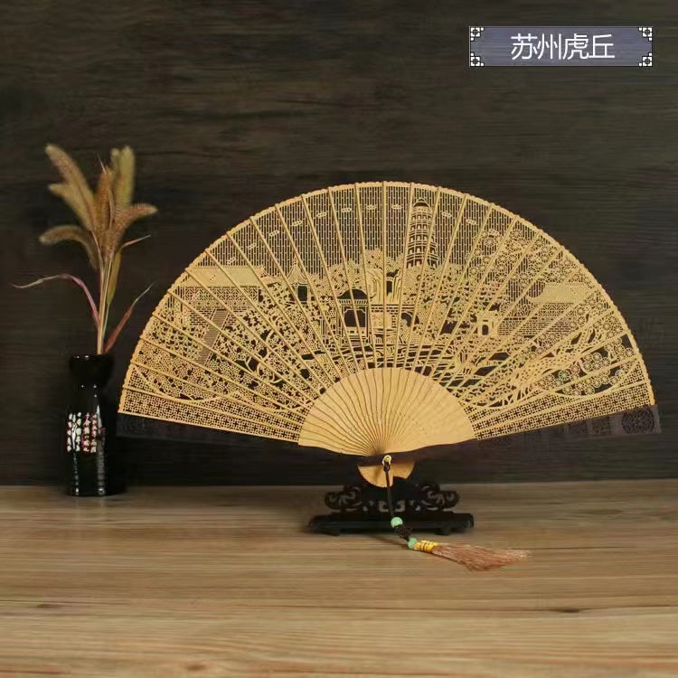 Sandalwood hollow wooden Chinese style folding fan