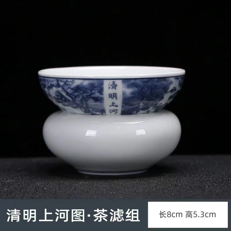 Blue Classic Chinese Style Qingming Shanghetu Cover Bowl Tea Set (10 pieces)