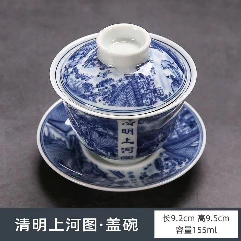 Blue Classic Chinese Style Qingming Shanghetu Cover Bowl Tea Set (10 pieces)