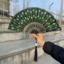 Load image into Gallery viewer, Peacock Feather Lace Folding Fan
