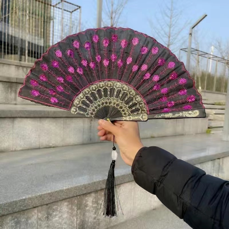 Peacock Feather Lace Folding Fan