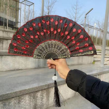 Load image into Gallery viewer, Peacock Feather Lace Folding Fan
