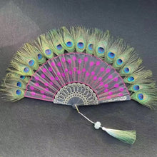 Load image into Gallery viewer, Peacock Feather Lace Folding Fan
