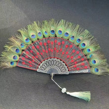 Load image into Gallery viewer, Peacock Feather Lace Folding Fan
