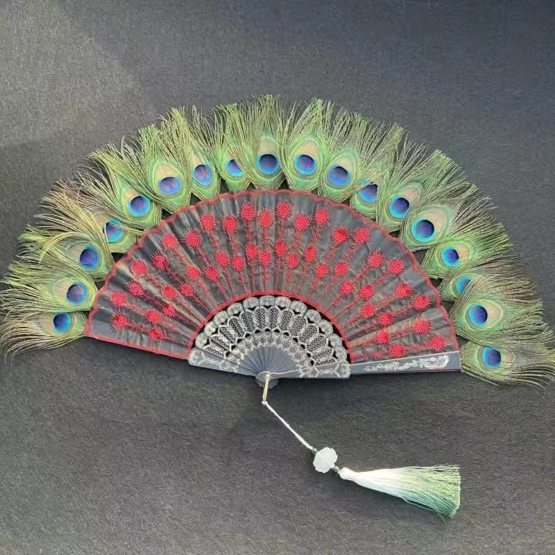 Peacock Feather Lace Folding Fan