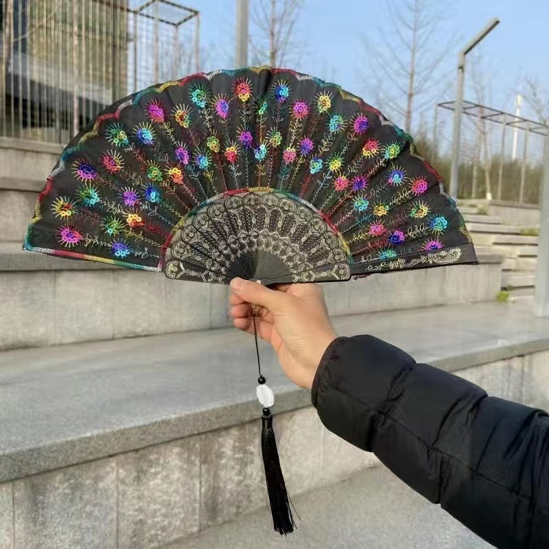 Peacock Feather Lace Folding Fan