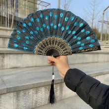 Load image into Gallery viewer, Peacock Feather Lace Folding Fan
