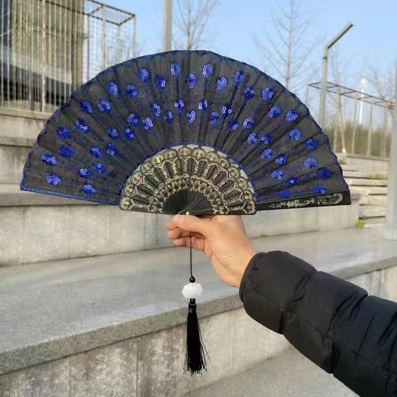 Peacock Feather Lace Folding Fan