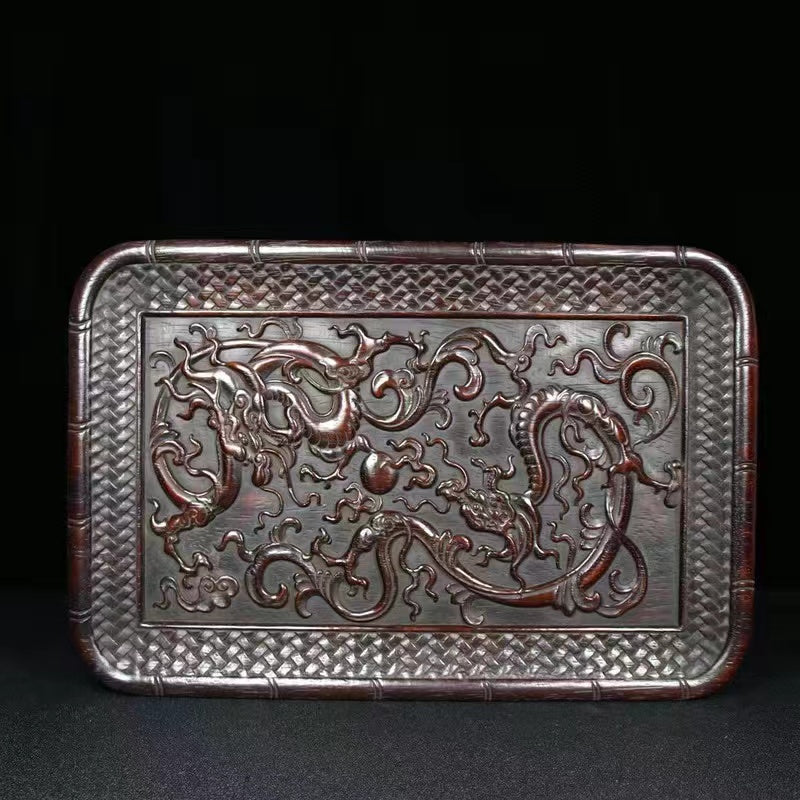 Antique wood carving dragon and phoenix auspicious tray