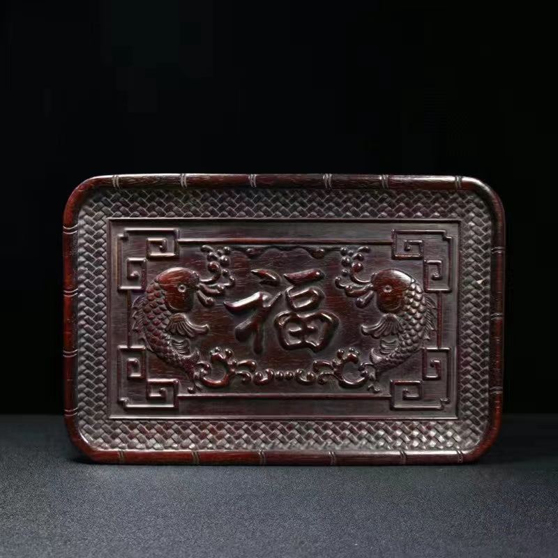 Antique wood carving dragon and phoenix auspicious tray