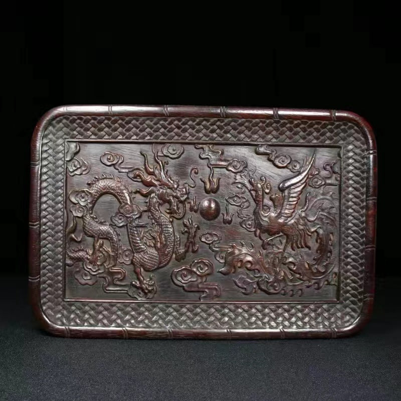 Antique wood carving dragon and phoenix auspicious tray