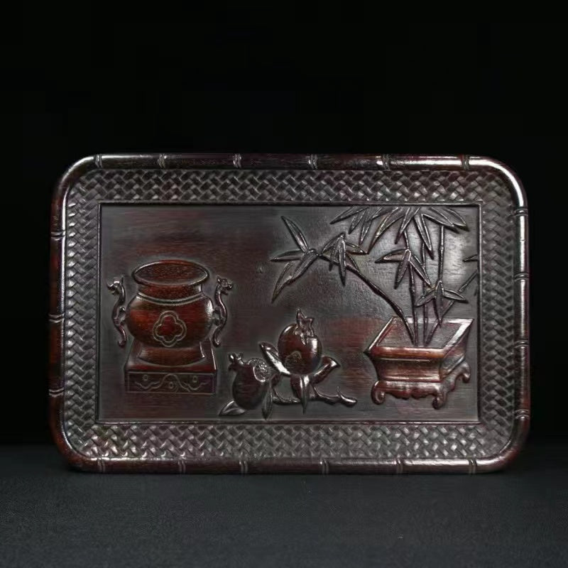 Antique wood carving dragon and phoenix auspicious tray