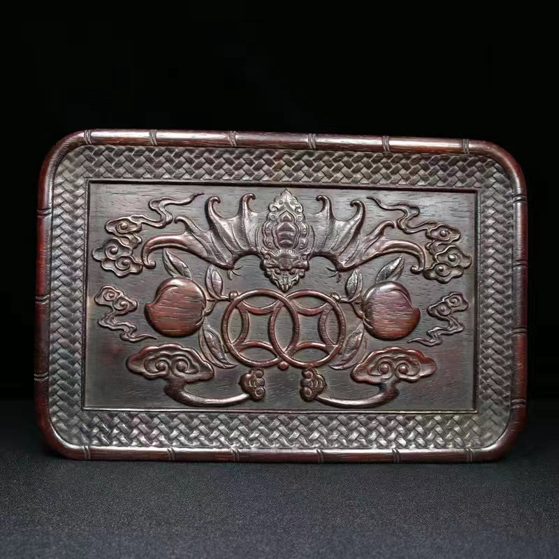 Antique wood carving dragon and phoenix auspicious tray