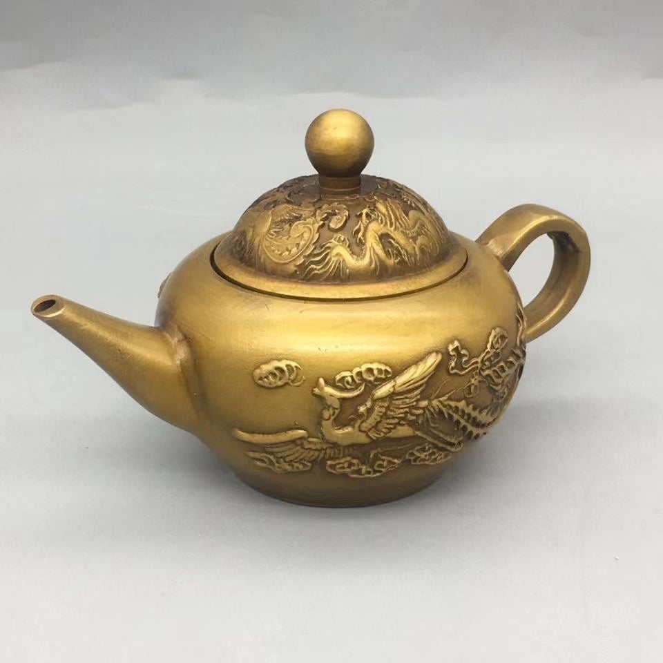 Antique brass relief dragon and phoenix Teapot