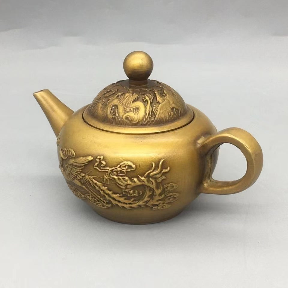 Antique brass relief dragon and phoenix Teapot