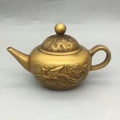 Antique brass relief dragon and phoenix Teapot