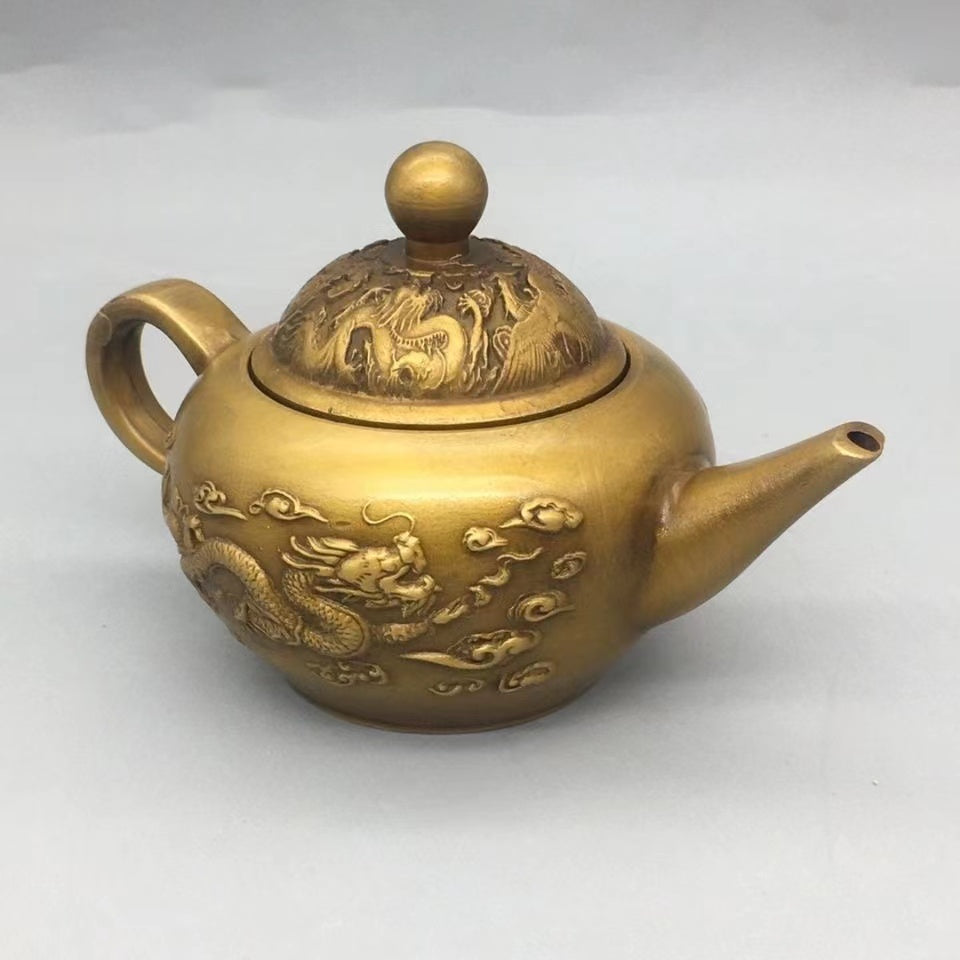 Antique brass relief dragon and phoenix Teapot