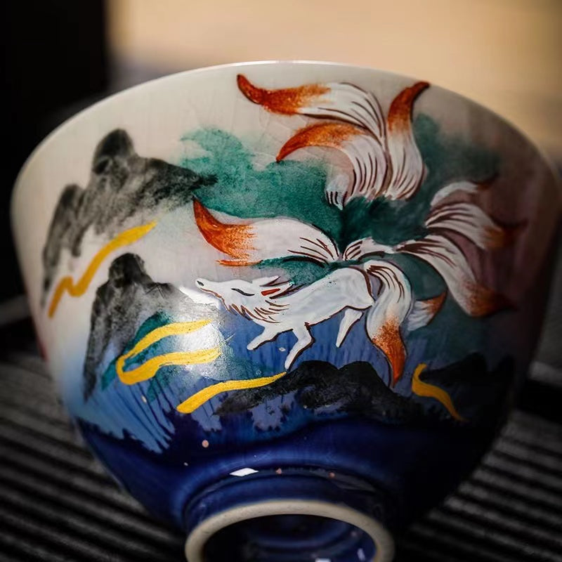 Nine-tailed fox wood-fired hand-painted Teacup