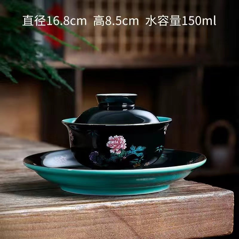 Color glazed flower petal ceramic cover bowl